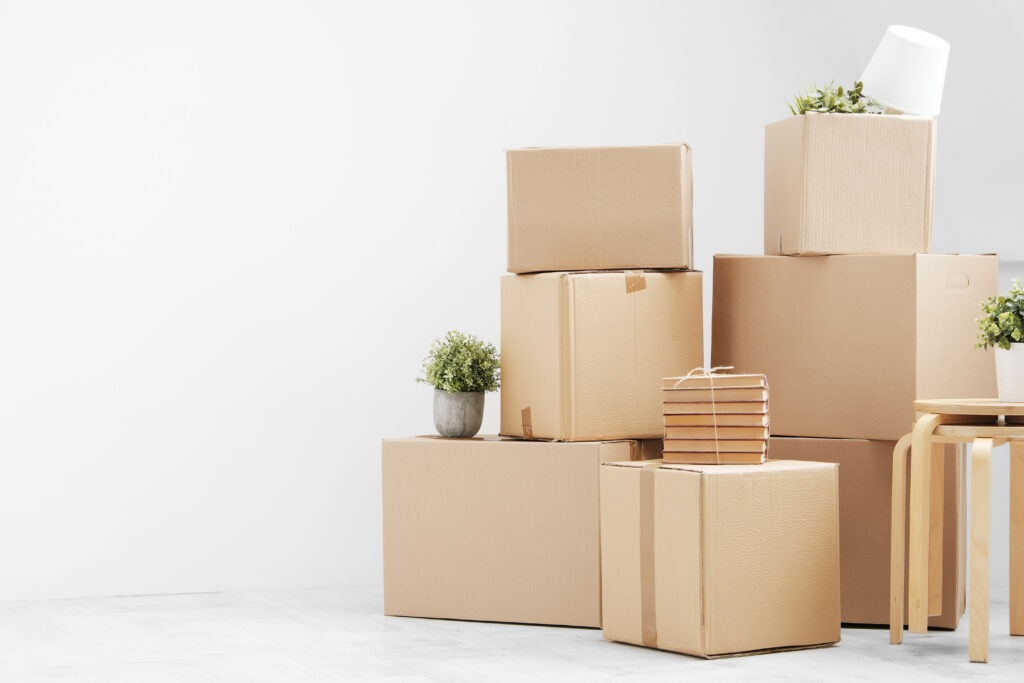 Moving boxes stacked on top of each other. Moving to a new home. Belongings in cardboard boxes, books and green plants in pots stand on the gray floor against the background of a white wall. Concept relocation.